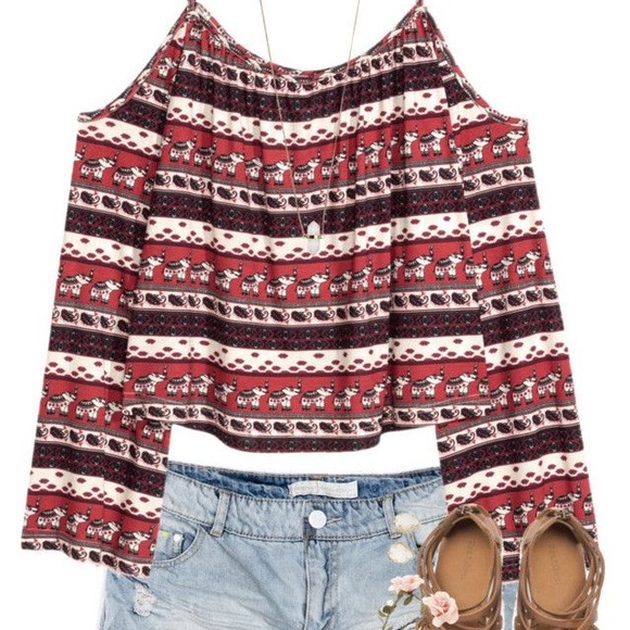 {H&M} Cold Shoulder, Boho, Elephant Print Long Sleeve Top - Picture 4 of 7